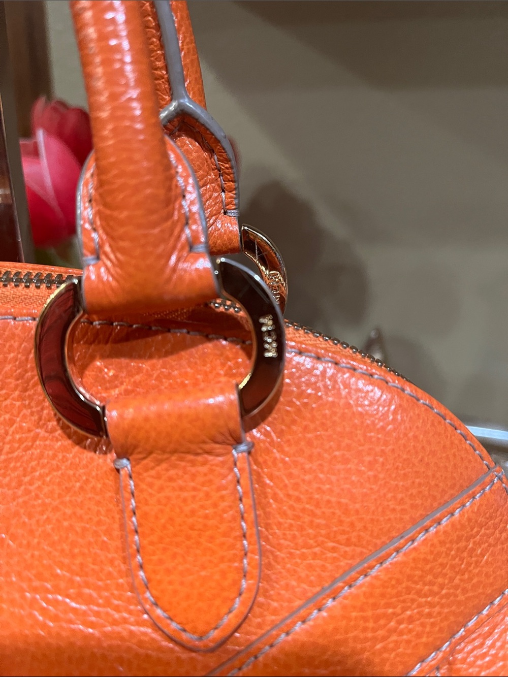 MCM Orange Pebbled Leather Dome Satchel with Gold-Tone Accents - Picture 8 of 13